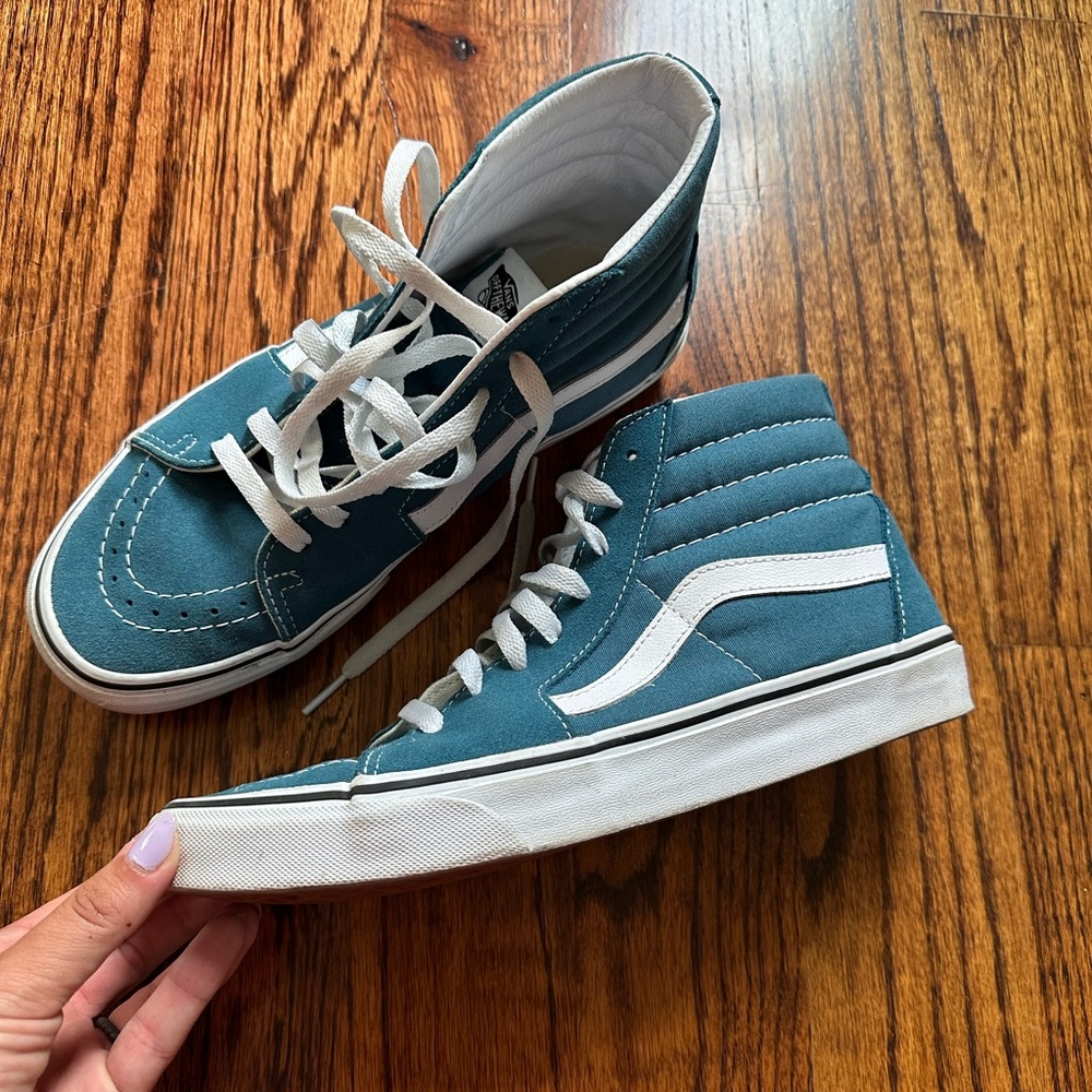 Vans high top sneakers. Women size 9.5. Men size 8. Blue/teal color.